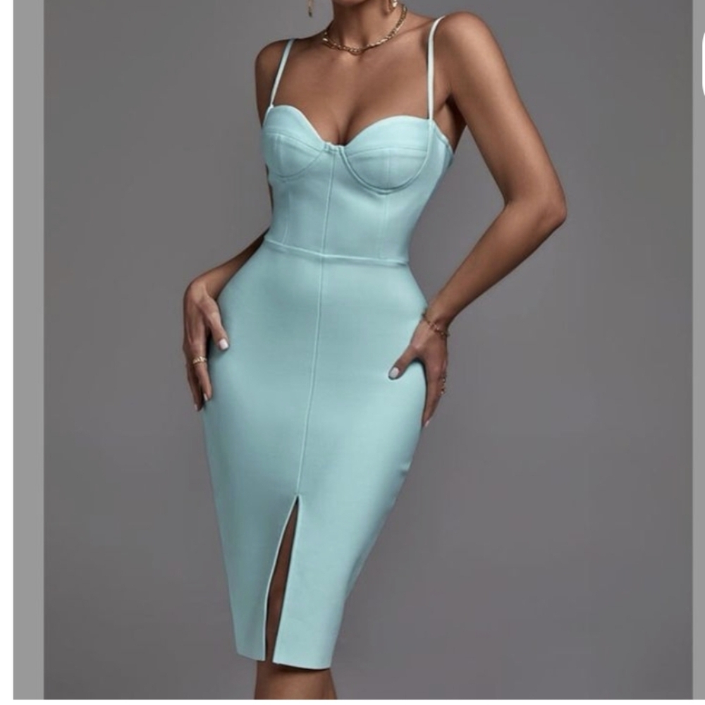 Alicia - Turquoise Front Split Bandage Dress 